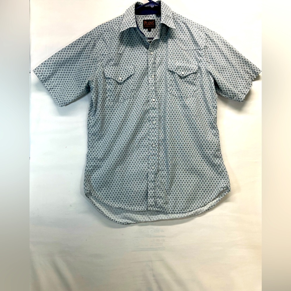 PLAINS WESTERN WEAR SNAP UP SHIRT M W/YOKE BACK 2 FRONT SNAP POCKET BLUE/WHITE
